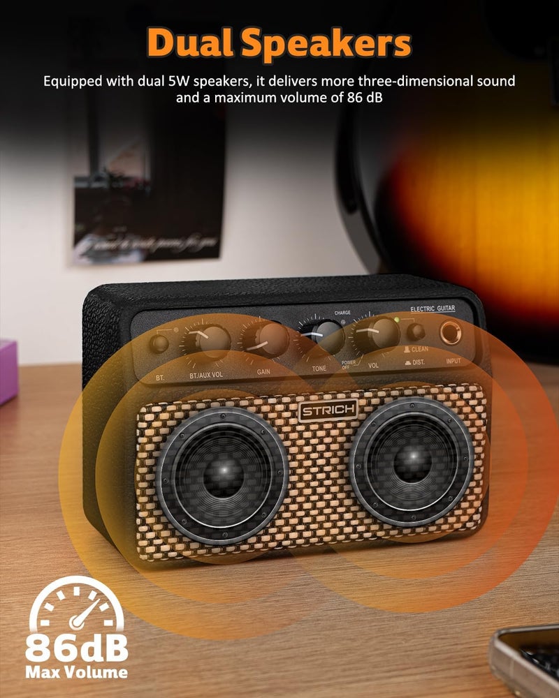 STRICH DSP Mini Electric Guitar Practice Amplifier, 2 x 5W Dual-Speaker Desktop Amp with Clean/Distortion, 3-4H Battery, 3.5mm Headphone Jack, Wireless Portable for Indoor Practice & Travel, Black - Image 4